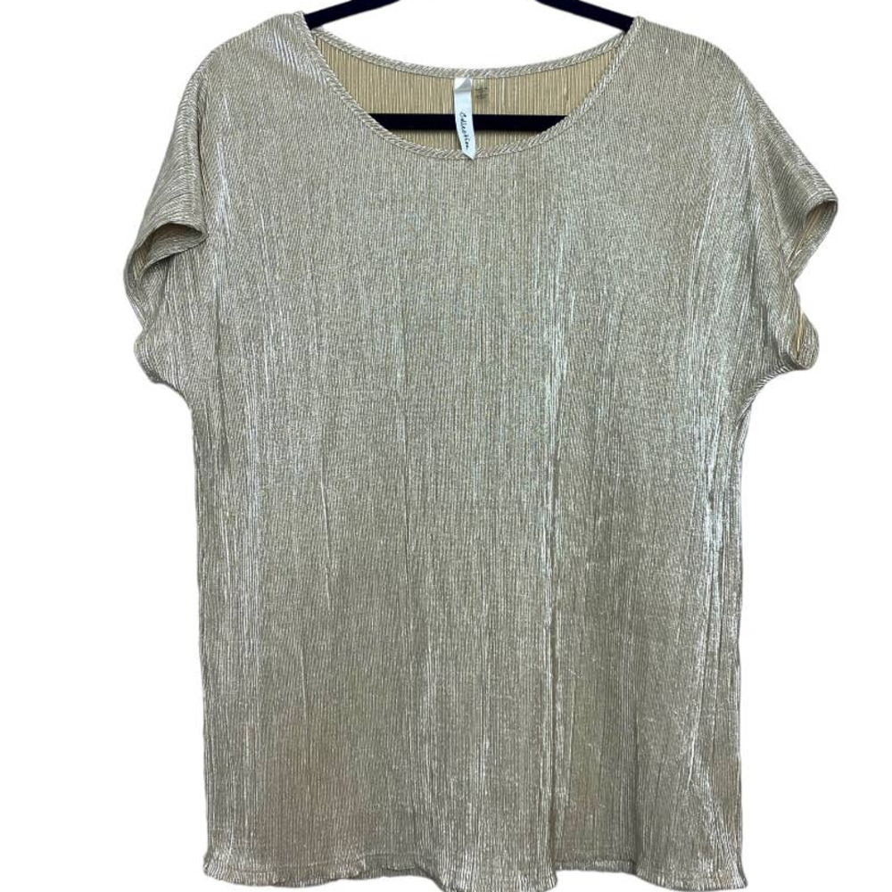 NY Company Womens Gold Shimmer Short Sleeve Blouse Large
